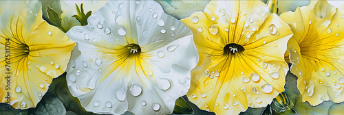 watercolor painting of yellow and white petunias with dew drops on petals  generative AI