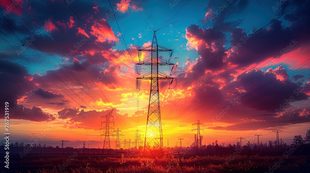 Silhouette of High voltage electric tower on sunset time background - obrazy, fototapety, plakaty 
