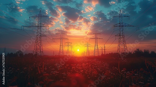 Silhouette of High voltage electric tower on sunset time background photo