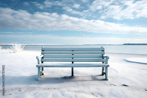 bench on the lake in winter. camping