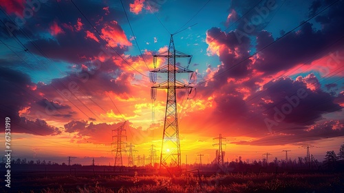 Silhouette of High voltage electric tower on sunset time background