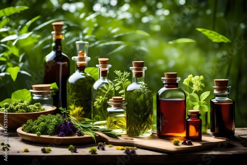 Medicinal herbs and tinctures alternative medicine Selective focus Nature. 