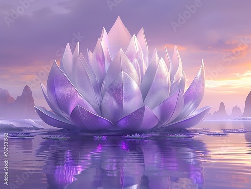 Award ceremony on a giant lotus in an endless sea, under a purple sky ,3D render