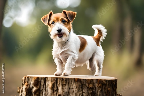 Happy Young Jack Russell Terrier Dog Winner poses on stump podium outdoors First place dog show Competition between pets Wire haired puppy.