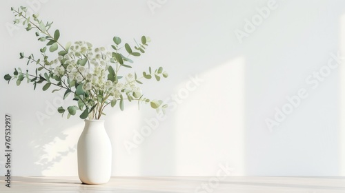 Eucalyptus flowers in a ceramic vase on a table inside the house.