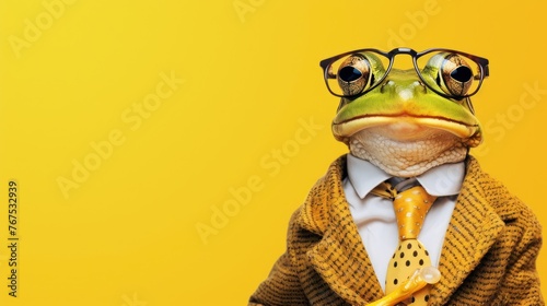 A frog wearing a jacket, tie, and glasses with space for text on the left. Stylish animal model poses.