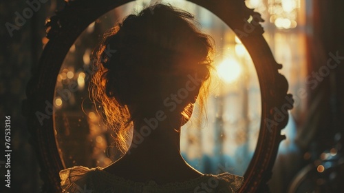 Craft a thought-provoking image of a mirror showcasing a persons back view, with subtle details revealing hidden aspects of their character and psyche Intrigue the viewer with layers of symbolism that
