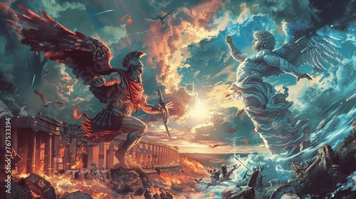 Delve into the world of classic Greek myths with a side view illustration Capture a dramatic scene like Perseus and Medusa or the Trojan War in a dynamic and captivating style Bring the ancient storie photo