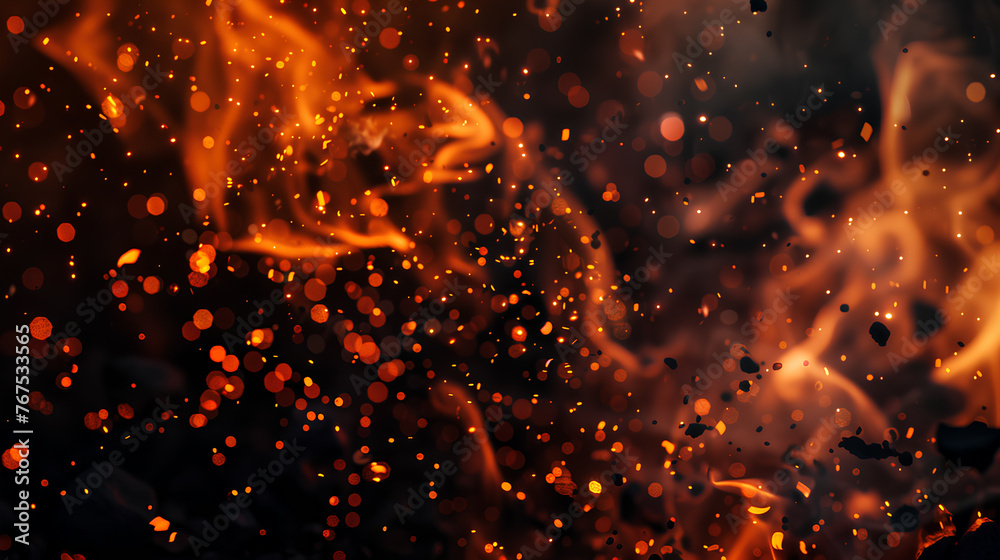 The image is of a fire with a lot of sparks flying out of it. The fire is orange and the sparks are small and scattered. The scene is intense and dramatic, as the fire seems to be spreading rapidly The image is of a fire with a lot of sparks flying out of it. The fire is orange and the sparks are small and scattered. The scene is intense and dramatic, as the fire seems to be spreading rapidly