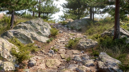 forest landscape Path between rocks and fir trees, nature