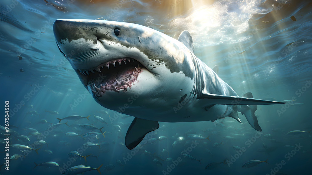 Fototapeta premium swimming white shark in the ocean. sea ​​life