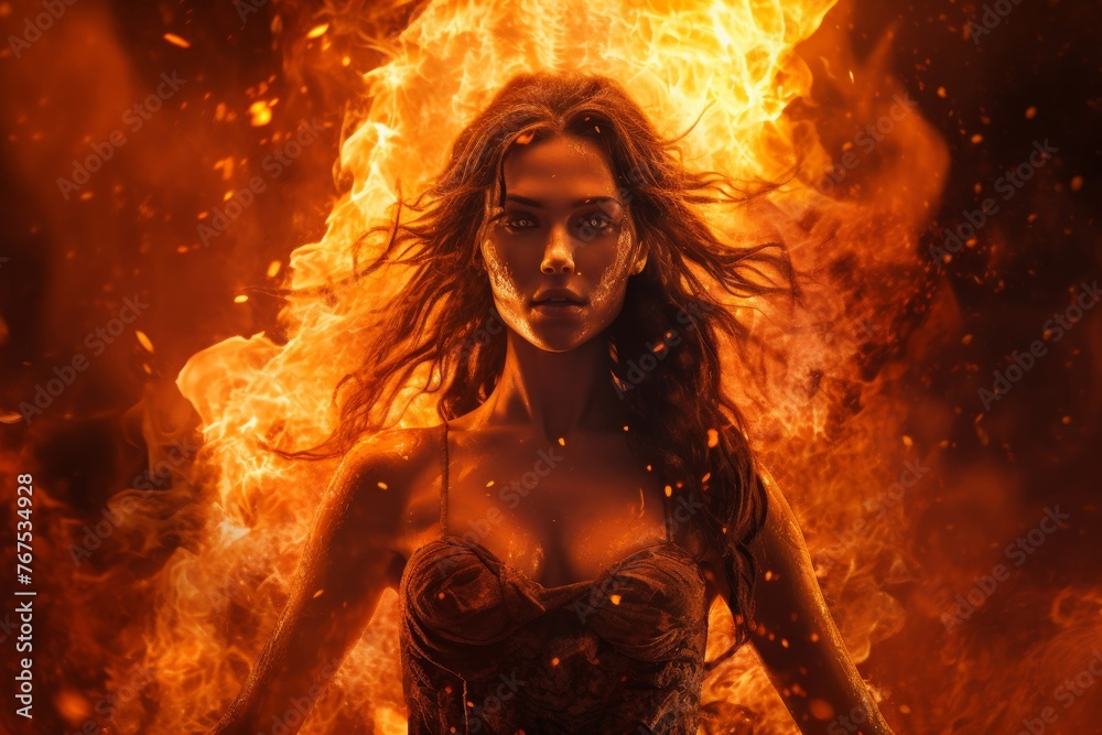 Magical woman summoning fire. Beautiful shamanic girl playing on shaman frame drum in the nature. Generative AI. Magical woman summoning fire. Beautiful shamanic girl playing on shaman frame drum in the nature. Generative AI.