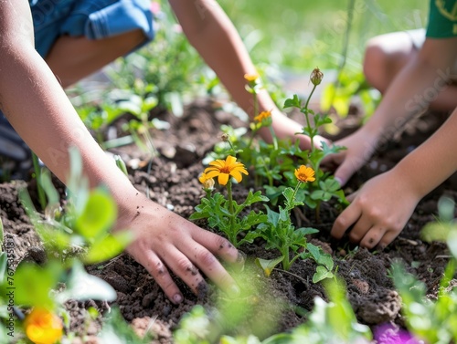 Outdoor school garden children planting flowers