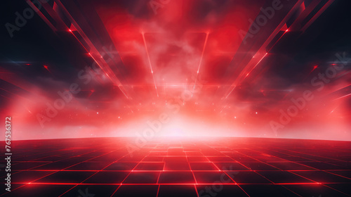 Red grid floor line on glow neon night red background, Synthwave vaporwave retrowave cyber background poster, rollerwave, technological design, shaped canvas, smokey fog cloud wave background. photo