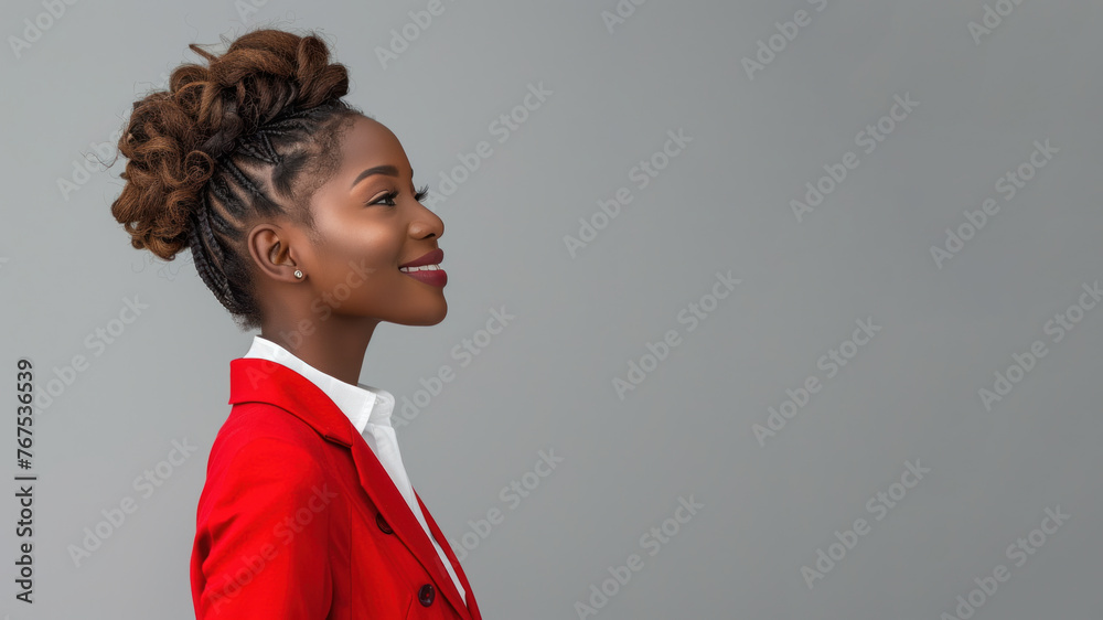 Bantu businesswoman wearing red formal suit, smile side view Bantu businesswoman wearing red formal suit, smile side view