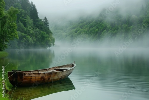 Boat on calm lake water with green trees in mist © InfiniteStudio