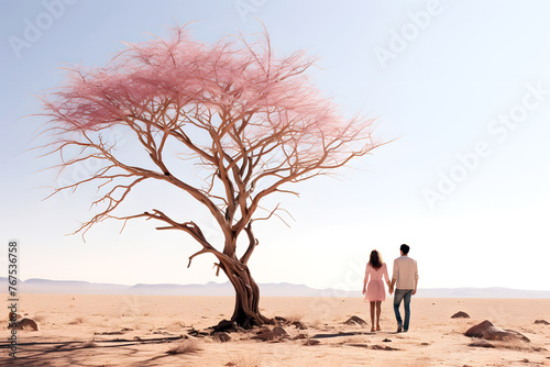 man and a woman walk through the desert near a tree. relationships between people in life © photosaint
