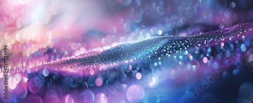 Ethereal blue and purple wave with sparkling bokeh particles creating a serene abstract backdrop.