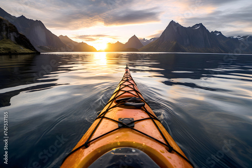 yellow kayak boat floats down the river in the fjords of Norway towards the sunrise. view from myself © photosaint