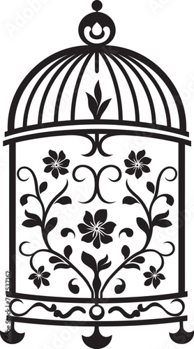 Silhouette of a bird cage decorative with leaves, Black wall decals with flying birds in cage, minimalistic decorative art for interior, Silhouette of a decorative vintage bird cage