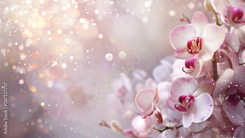 Orchid flowers with glitter bokeh background. Copy space.  