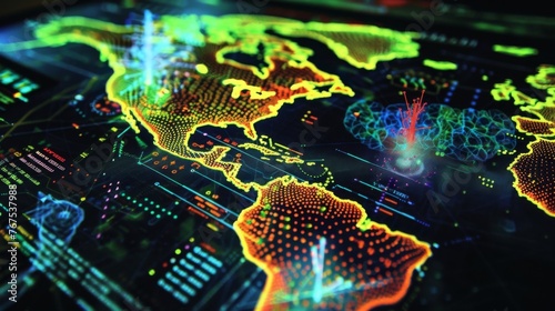 A map of the world displayed with vibrant, colorful lights representing different countries and continents.