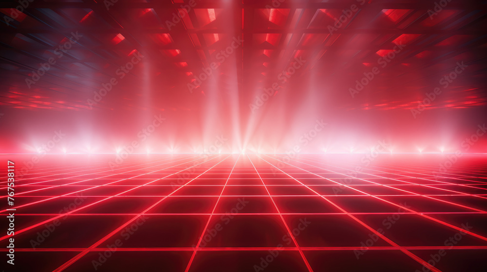 Red grid floor line on glow neon night red background, Synthwave vaporwave retrowave cyber background poster, rollerwave, technological design, shaped canvas, smokey fog cloud wave background. - obrazy, fototapety, plakaty 