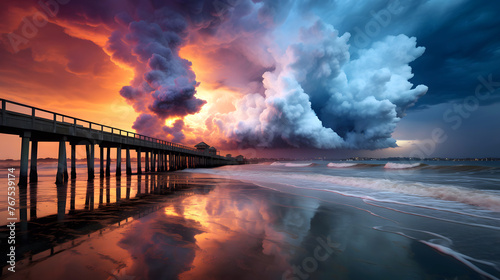 Wooden pier on the sea against the backdrop of dramatic colored clouds. place for fishing and relaxation photo