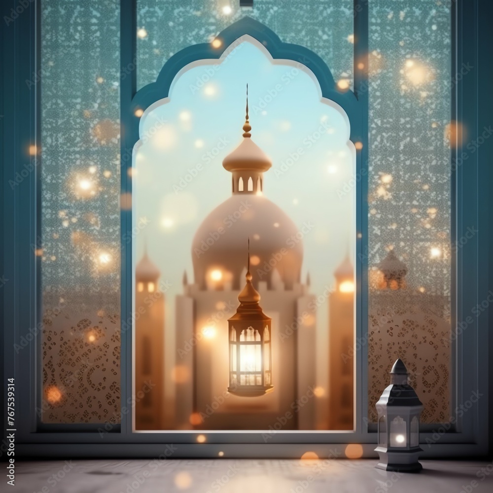 Fototapeta premium Eid mubarak and ramadan kareem greetings with islamic lantern and mosque. Eid al fitr background