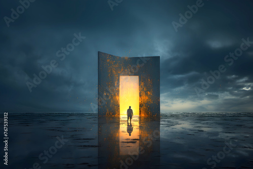 silhouette of a man in a doorway in nature. the concept of going through a portal to another world. fantasy of transformation of another dimension of the universe