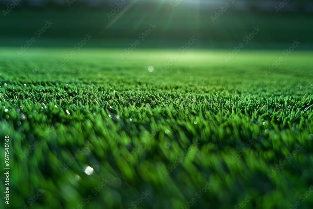 Dew-covered grass on soccer field, close-up view