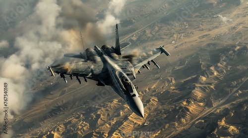 Military fighter planes are flying