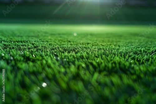 Dew-covered grass on soccer field, close-up view