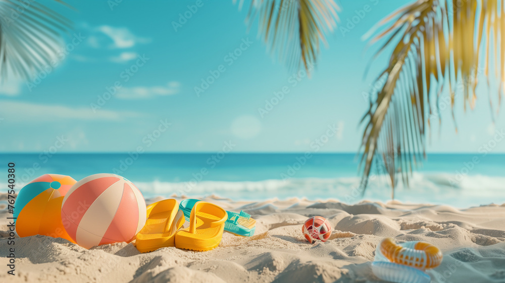 Obraz premium A tranquil beach scene showcasing a vibrant pair of flip flops next to a colorful beach ball, evoking a sense of relaxation and fun in the summer sun