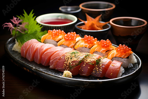 apanese sushi food. Maki ands rolls with tuna, salmon, shrimp, crab and avocado. assorted sushi. Rainbow sushi roll, uramaki, hosomaki and nigiri