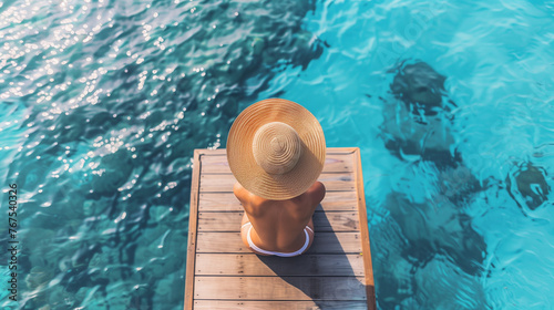 A person sits pensively on a wooden dock wearing a hat as the breeze gently ruffles their clothes, gazing out at the tranquil waters