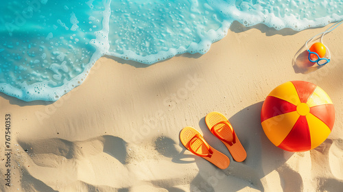 A pair of vibrant orange and yellow flip flops rest lazily on the sandy beach, waiting to be slipped on for a day of seaside adventures, summer background