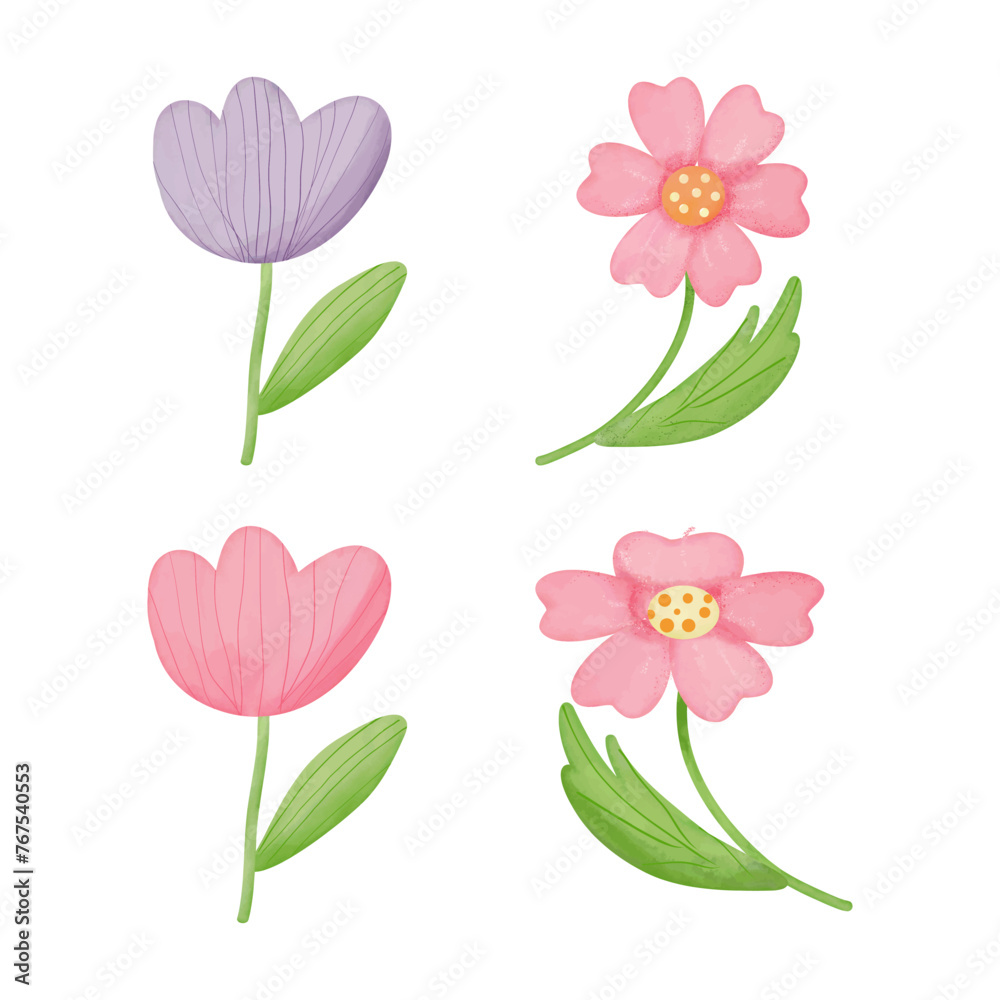 Set of cute pink and purple flowers with green leaves. Vector illustration
