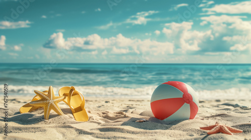 A colorful beach ball and a delicate starfish resting on the golden sand of a peaceful beach, summer background