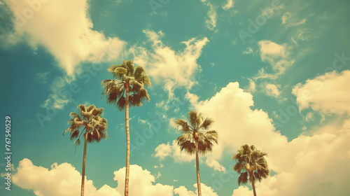 A group of tall and slender palm trees sway gracefully under the warm sunshine on a picturesque summer day, retro vintage style