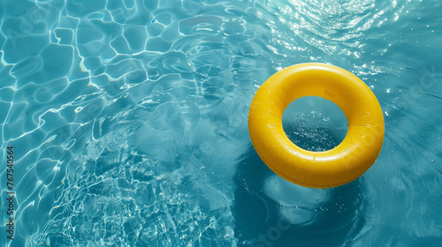 A vibrant yellow ring gracefully floats within a crystal clear pool of water, catching beams of sunlight and creating ripples, top view photo