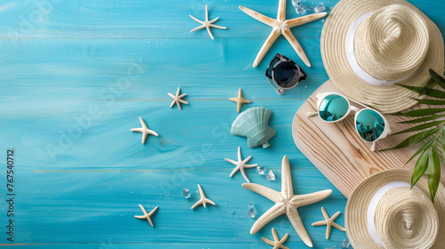 A starfish wearing sunglasses and a hat relaxing on a blue background