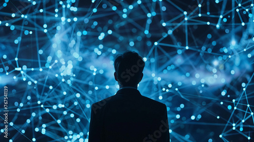 It stands against a backdrop of network technology.