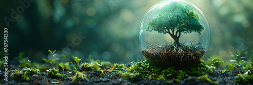 Green Woods Illustration with Bare Roots Placement, Forest with crystal ball reflection, 