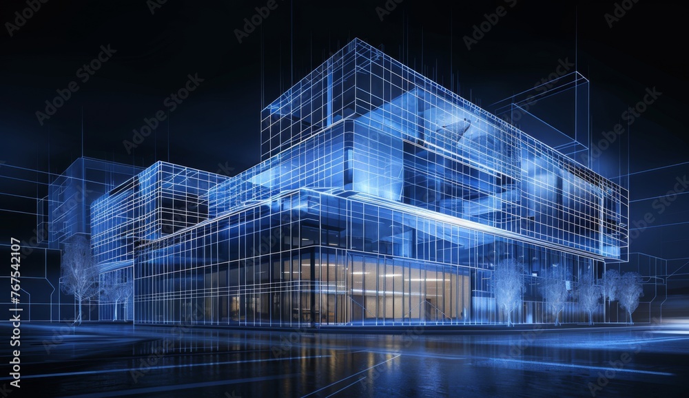 A blueprint of an office building with digital lines and blue hues representing the future of architecture Generative AI A blueprint of an office building with digital lines and blue hues representing the future of architecture Generative AI