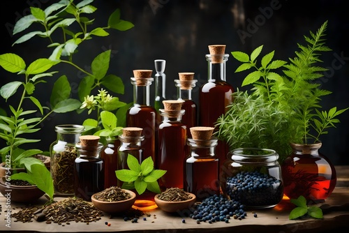 Medicinal herbs and tinctures alternative medicine Selective focus Nature. © usman