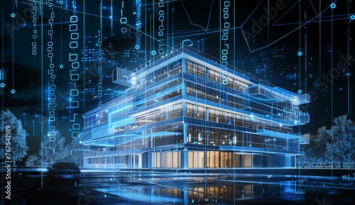 A blueprint of an office building with multiple floors, surrounded by blue digital lines and white numbers representing data technology in the background Generative AI