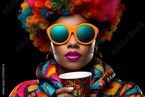 fashionable glamorous woman with glasses in colored clothes on a dark background with a plastic glass of coffee in her hand