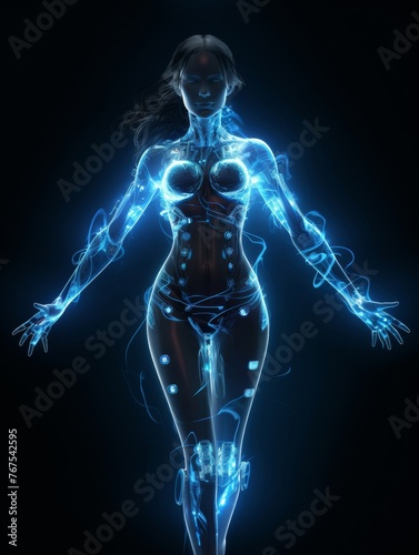 Photo of electric girl, human with blue electric body, black background. Generative AI.