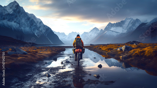 male traveler rides a bicycle along a road against the backdrop of a beautiful mountain natural landscape photo